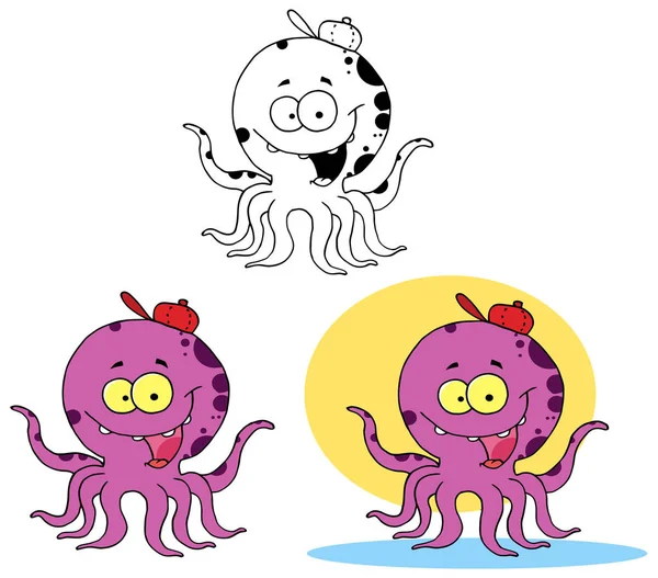 Glücklicher lila Oktopus mit Hut — Stockvektor