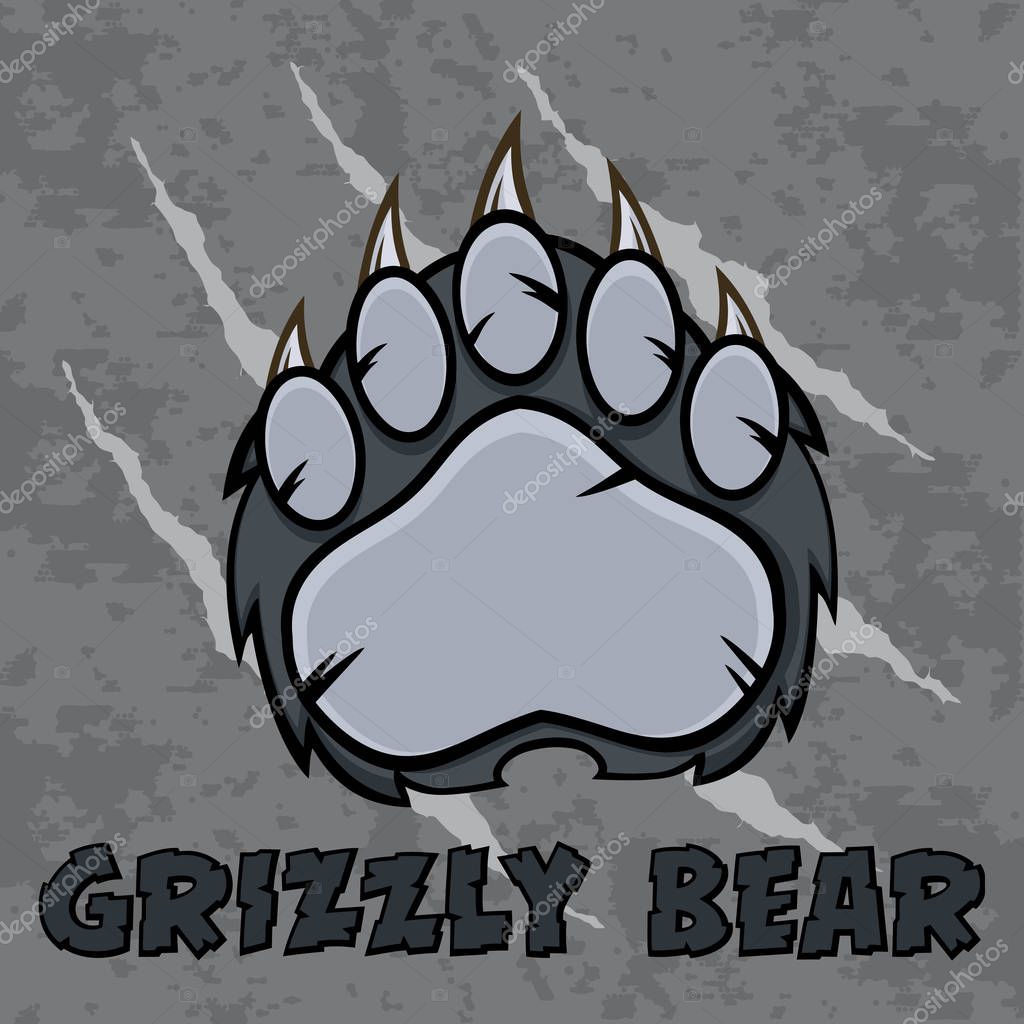 Gray Bear Paw With Claws. Vector Illustration With Scratches Grunge Background And Text
