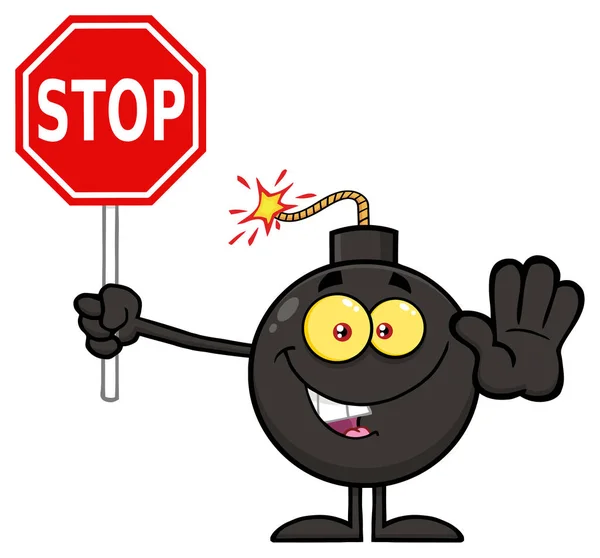 Cartoon Bomb Holding Stop Sign — Stock Vector