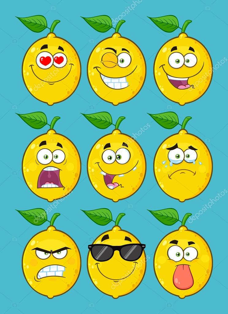 Emotional Lemons Characters Set On Blue Background