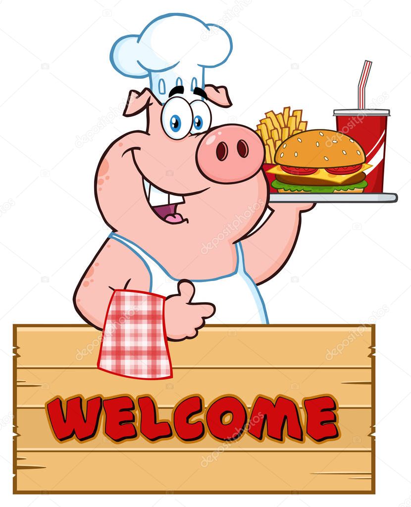 Chef Pig Cartoon Mascot Character Holding A Tray Of Fast Food And Giving A Thumb Up