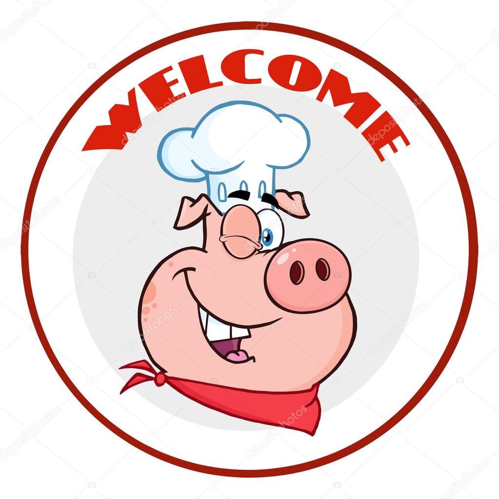 Winking Chef Pig Cartoon Mascot Character Circle Banner