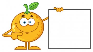 Gülümseyen turuncu meyve çizgi film karakteri için boş bir işareti işaret