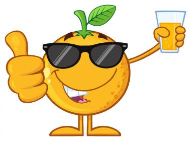 Turuncu meyve çizgi film karakteri ile bir bardak meyve suyu tutan ve bir başparmak pes etmek güneş gözlüğü