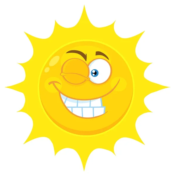 Winking Yellow Sun Cartoon Emoji Face Character Smiling Expression — Stock Vector