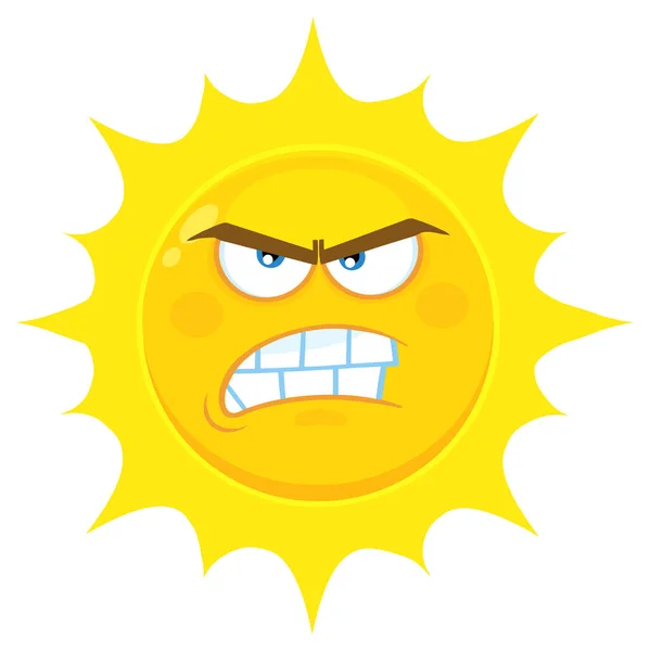 Dühös Sárga Nap Emoji Arc Rajzfilmfigura Agresszív Kifejezés — Stock Vector