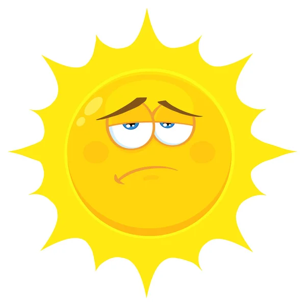 Sad Yellow Sun Cartoon Emoji Face Character Tired Expression — Stock Vector