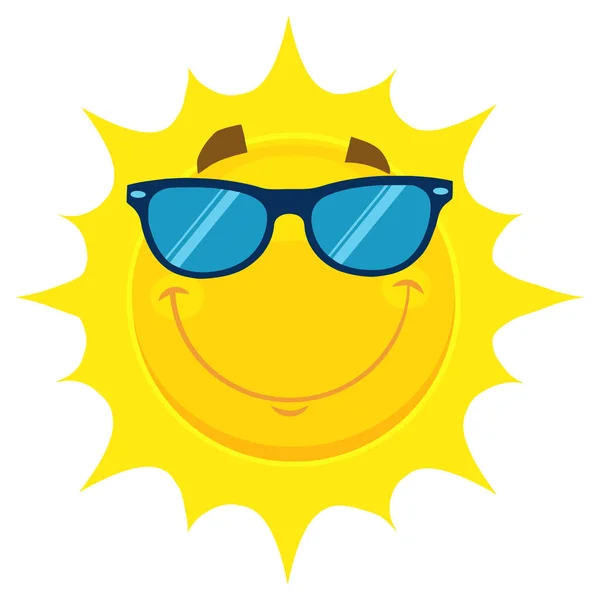 Personnage Souriant Jaune Soleil Caricature Emoji Visage Dans Les Lunettes — Image vectorielle