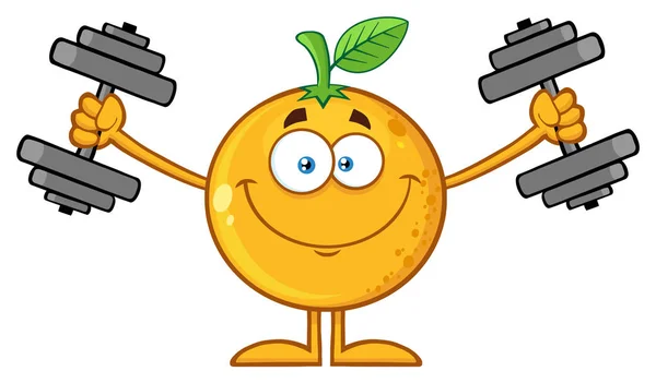 微笑橙色水果卡通人物一起健身哑铃 — 图库矢量图片