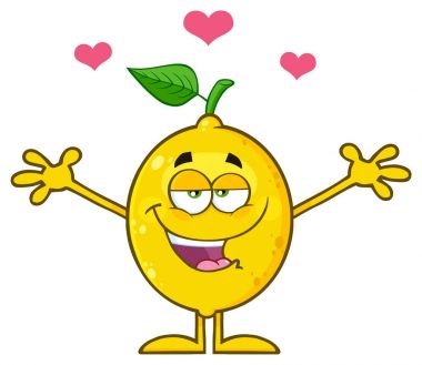 Sarı limon yaprak yeşil çizgi film karakteri yürekleri ve Kollarını açarak ile