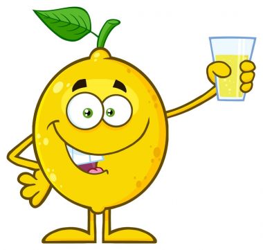 Bir bardak limonata tutan yaprak yeşil çizgi film maskot karakteri ile sarı limon taze meyve 