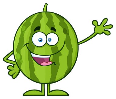 Mutlu yeşil karpuz meyve çizgi film maskot karakteri illüstrasyon izole beyaz sallayarak