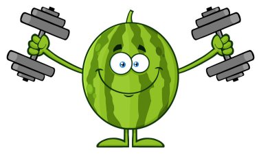 Mutlu yeşil karpuz meyve çizgi film maskot karakteri ile Halter illüstrasyon izole On beyaz eğitim