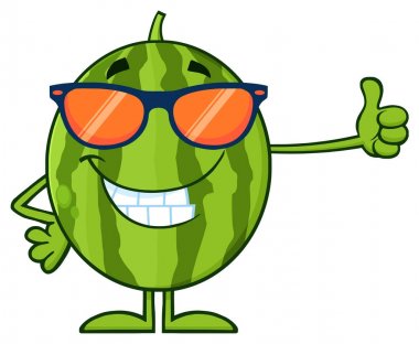 Mutlu yeşil karpuz meyve çizgi film maskot karakteri illüstrasyon izole üzerine beyaz bir başparmak veren