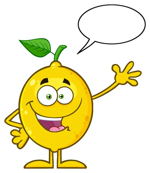 Yellow Lemon Fresh Fruit Green Leaf Cartoon Mascot Character Waving — Stock Vector