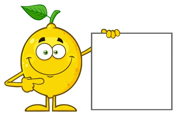 Żółty Lemon Zielonych Liści Kreskówka Maskotka Wskazuje Znak Puste — Wektor stockowy