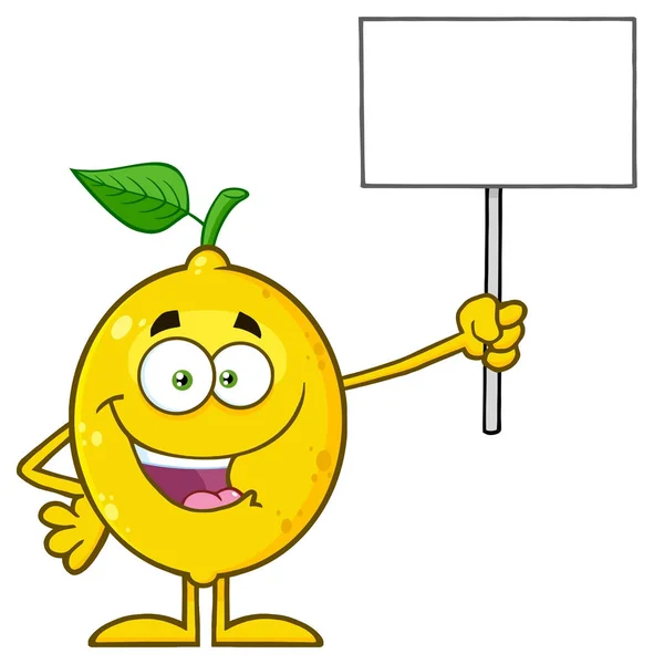 Желтый Лимон Карикатурой Зеленый Лист Символ Талисмана Держа Пустой Знак — стоковый вектор