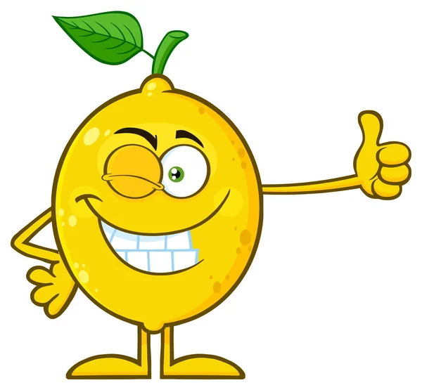 Yellow Lemon Green Leaf Cartoon Character Giving Thumb — Stock Vector