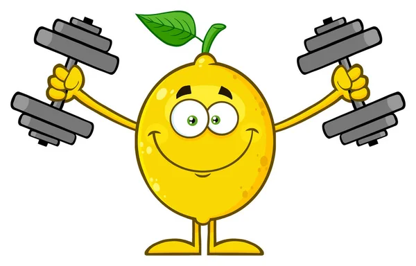 Yellow Lemon Fresh Fruit Green Leaf Cartoon Character Working Out — стоковый вектор