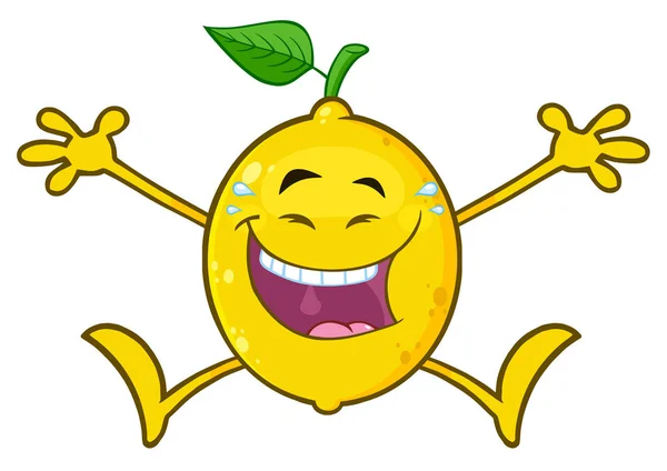 黄色いレモン フルーツ グリーン リーフ漫画マスコット キャラクター ジャンプを笑ってください — ストックベクタ