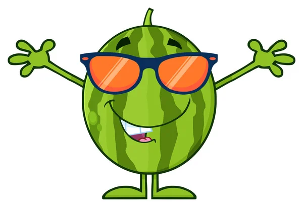 Happy Green Watermelon Buah Maskot Kartun Ilustrasi Karakter Terisolasi Pada - Stok Vektor