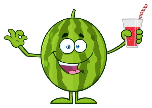 Personaje Feliz Mascota Historieta Fruta Sandía Verde Sosteniendo Vaso Ilustración — Vector de stock