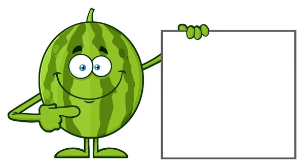 Happy Green Watermelon Fruit Caráter Mascote Desenhos Animados Com Sinal —  Vetores de Stock