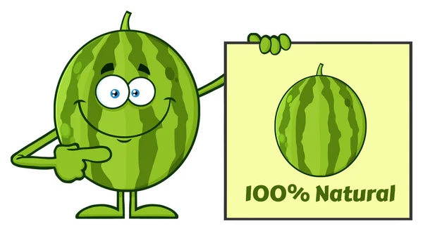Happy Green Watermelon Fruit Cartoon Character Sign Illustration Isolated White — стоковый вектор