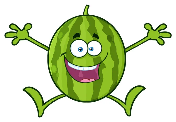 Felice Verde Anguria Frutta Cartone Animato Personaggio Della Mascotte Illustrazione — Vettoriale Stock