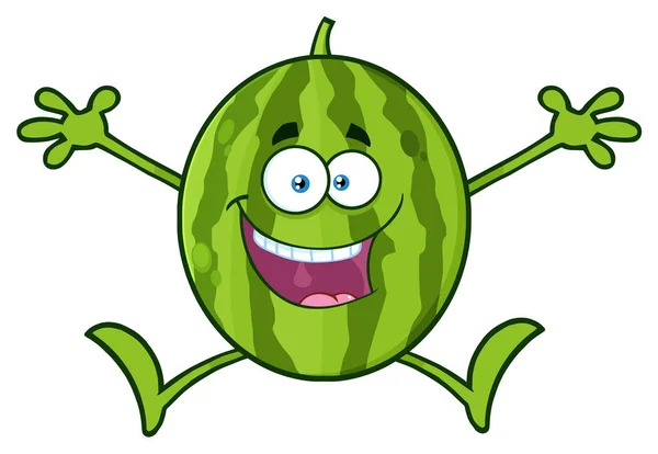 Gelukkig Groene Watermeloen Fruit Cartoon Mascotte Karakter Illustratie Geïsoleerd Wit — Stockvector