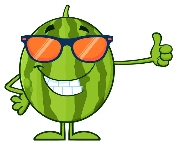 Happy Green Watermelon Fruit Cartoon Mascot Character Giving Thumb Illustration - Stok Vektor