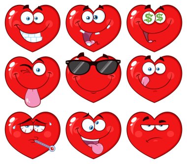 Kırmızı Yürekli Emoji Surat Karakteri. Vektör Koleksiyonu Beyaz Arkaplanda İzole Edildi