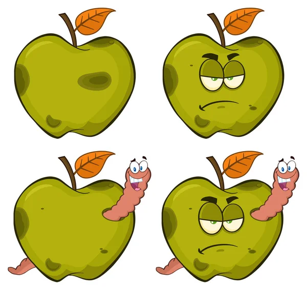 Fruta Maçã Verde Podre Com Desenho Desenhos Animados Folha Design — Vetor de Stock