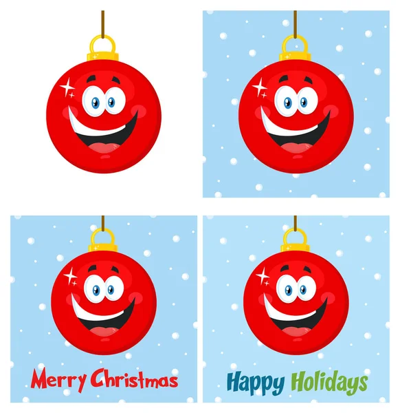 Red Christmas Ball Cartoon Mascot Character Vektorsamling Isolerad Vit Bakgrund — Stock vektor