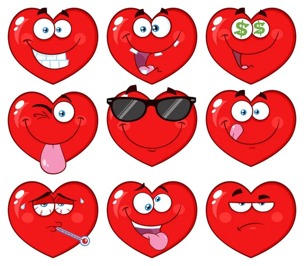 Rode Hart Cartoon Emoji Gezicht Karakter Vector Collectie Geïsoleerd Witte — Stockvector