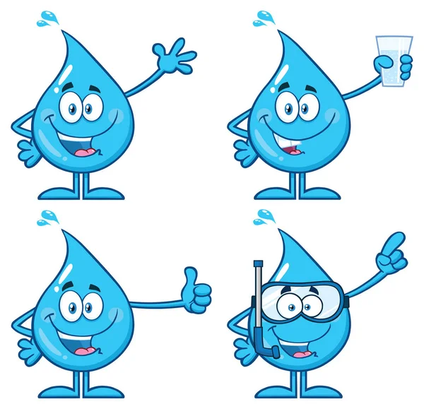 Juego Caracteres Mascota Dibujos Animados Gota Agua Azul — Vector de stock