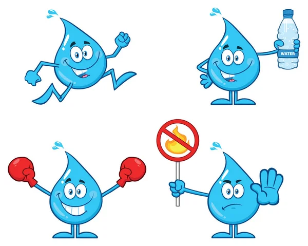 Blauwe Water Drop Cartoon Mascotte Karakter Set — Stockvector