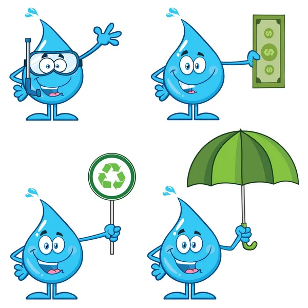 Blue Water Drop Cartoon Mascot Character Set — ストックベクタ