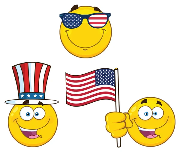 Patriotic Yellow Cartoon Emoji Face Character Set Raster Illustration Isolerad — Stock vektor