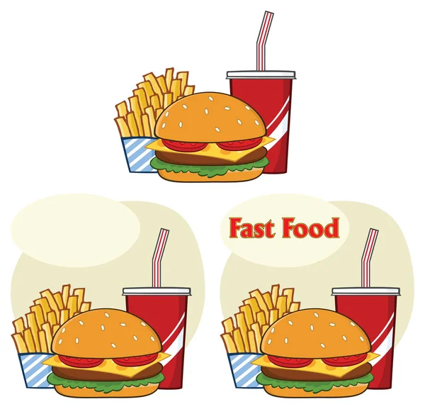快餐汉堡包饮料和法国薯条卡通画简易设计 白色背景分离的向量集 — 图库矢量图片