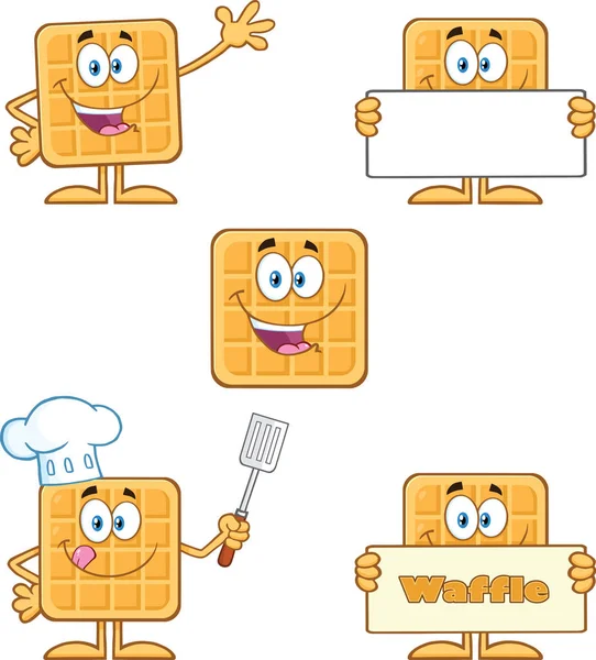 Vierkante Wafel Cartoon Mascotte Karakter Set Vector Collectie Geïsoleerd Witte — Stockvector