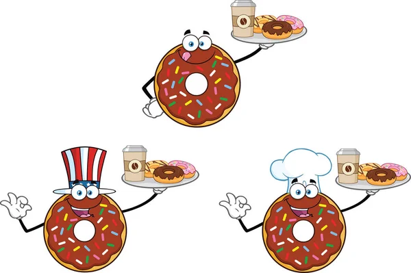 Donuts Set Personaje Mascota Dibujos Animados — Vector de stock