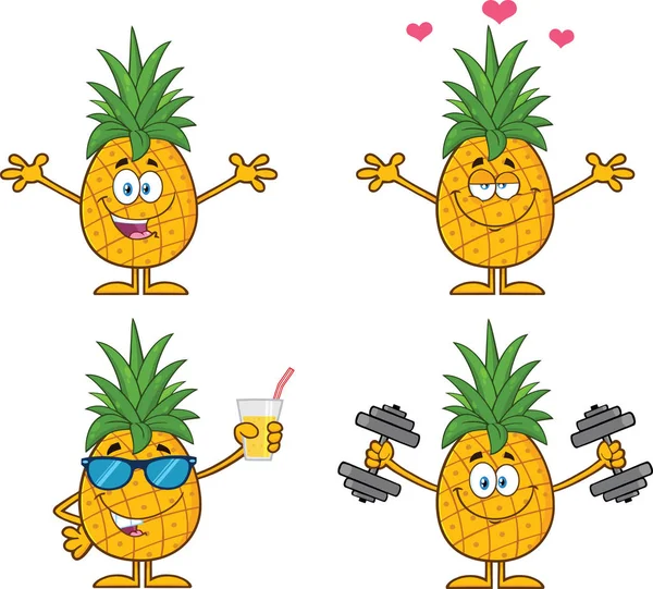 Sbírka Vtipné Ananasové Postavy Vektorové Ilustrace — Stockový vektor