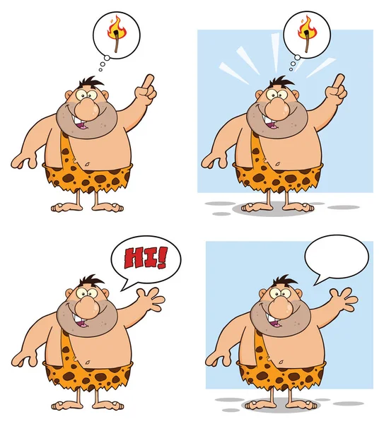 Grappige Caveman Cartoon Mascotte Karakter Set Vector Collectie Geïsoleerd Witte — Stockvector