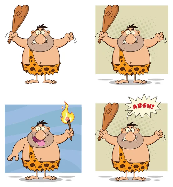 Grappige Caveman Cartoon Mascotte Karakter Set Vector Collectie Geïsoleerd Witte — Stockvector