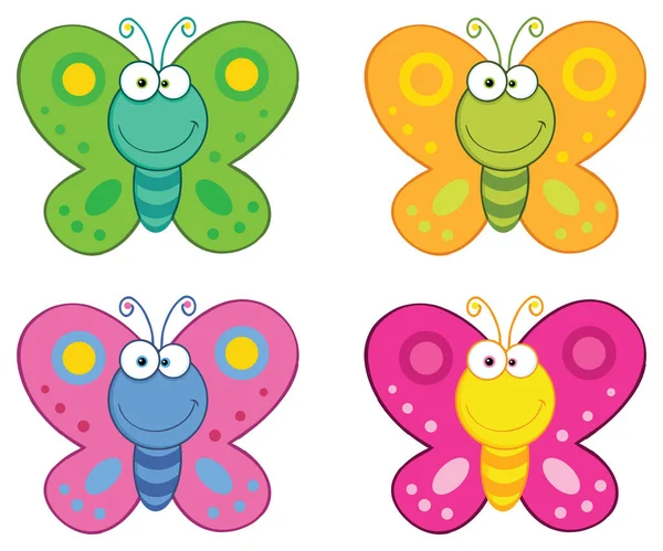 Butterfly Cartoon Mascotte Karakterset Raster Collectie Geïsoleerd Witte Achtergrond — Stockvector