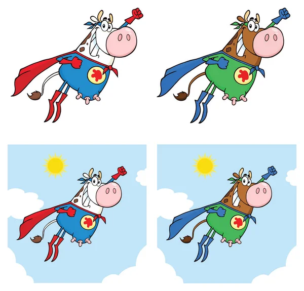 Персонажи Мультфильма Super Hero Cow Flying — стоковый вектор