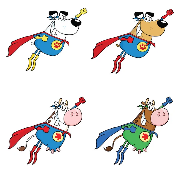 Super Hero Cow Cartoon Mascot Characters Set Flying — Stock Vector