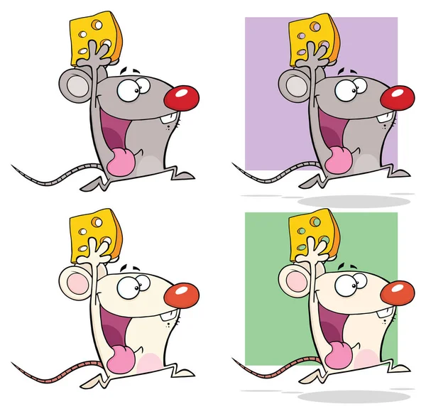 老鼠卡通吉祥物与奶酪赛跑 白色背景下孤立的栅格集合 — 图库矢量图片