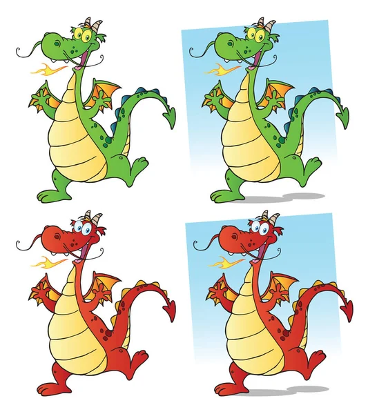 Dragon Desene Animate Mascot Set Caractere Vector Collection — Vector de stoc